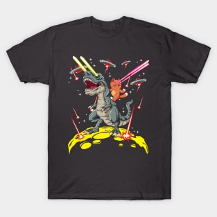 Space Cat Riding T-Rex Laser Eyes T-Shirt